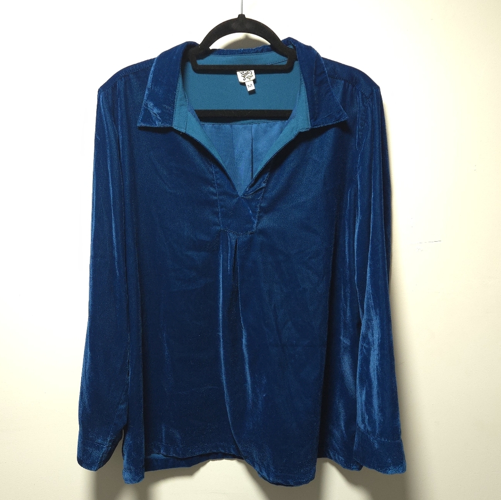 Ivy Jane Turquoise Long Sleeve Blouse Size Medium Velvet Velour Retro
